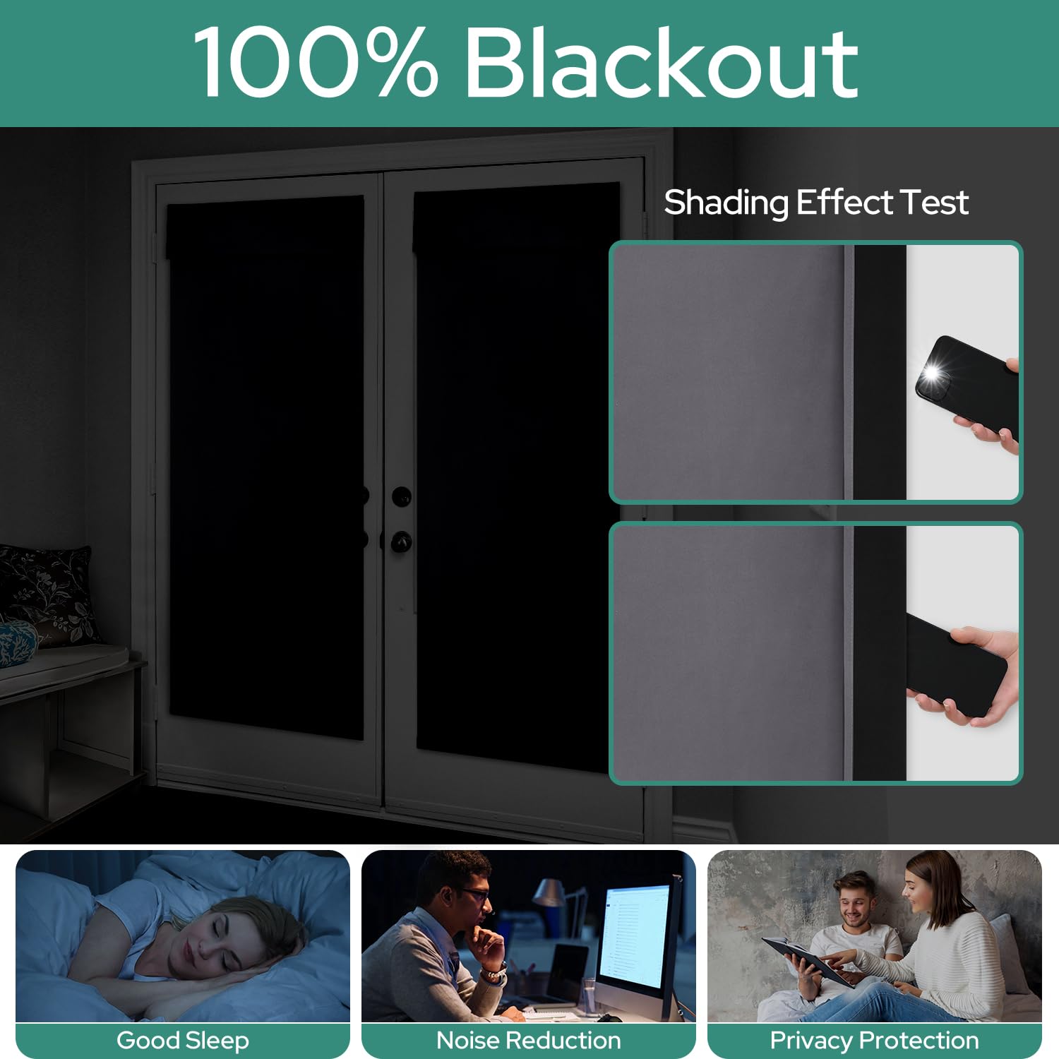 Homeideas 100% Blackout French Door Curtains, Privacy Door Curtains For Door Window, 26 X 80 Inch Room Darkening Curtains, Thermal Insulated Door Window Shades For Bedroom, (1 Panel, Grey)